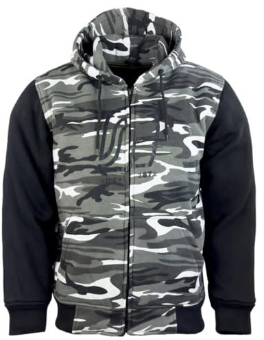 Sweat à capuche de moto avec aramide et protections – Veste de moto, sweat à capuche de moto pour homme et femme, camouflage neige, Camouflage/blanc, M
