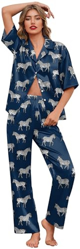 Ekouaer Silk Satin Pajamas Set Women Short Sleeve Pj Sets Button Down Sleepwear 2 Piece Soft Loungewear,Navy Zebra,L