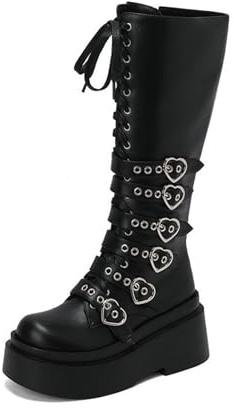 GHSIRUEU Botas de Caña Alta Mujer con Cordones hasta la Rodilla con Cremallera Punk Góticos Botas de Motociclista con Hebilla,Negro,43 EU