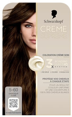 Schwarzkopf - Coloration Permanente - Creme Supreme - Resultat Couleur Uniforme - Coloration Creme Soin - Bonding - Pre-serum et Masque Soin - Couverture 100% Cheveux Blancs - 5-60 - Chocolat Clair