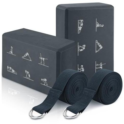 RETON 2 Pcs Yoga Blocks and 2 Yoga Straps Set, Non-Slip Brick Strap (Gray)