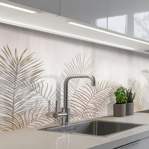KitchenYeah© Rückwand Küche Rückwandschutz Selbstklebend Spritzschutz | 60x150 cm - Küchenrückwand Küchenfront Küchen Selbstklebende Küchenrückwände Blätter - Beige - Botanisch - Vintage