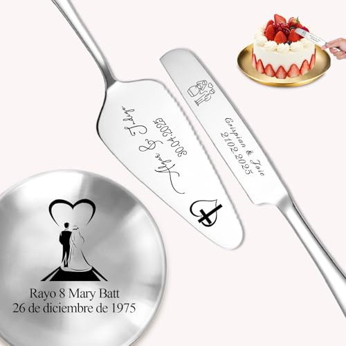 Juego de Cuchillo y Espátula para Tarta de Boda Personalizado, Servidor de Tarta, Juego de Plato para Cortar Tarta y Plato de Cena Grabado para Regalos de Boda, Cumpleaños y Aniversario (Plata 3)