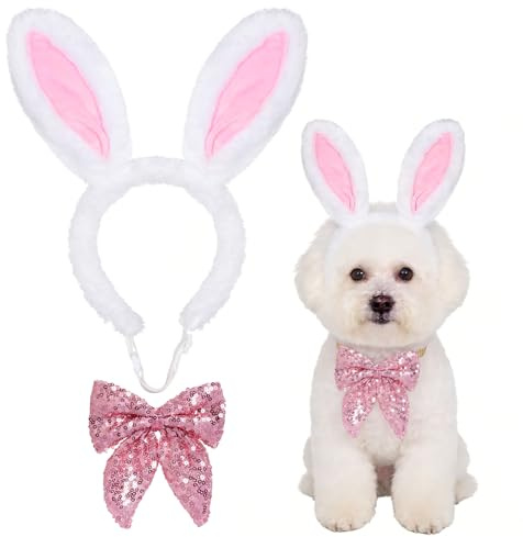 Haakong 2Pcs Dog Bunny Ears Headband Cute Easter Pink Rabbit Headband and Sequin Bow Tie Hallooween Easter Party Holiday Outfits for Small Medium Cats Dogs (Medium)