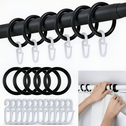 200 stycken gardinringar svartvitt set, 100 stycken gardinringar med 100 gardinkrokar för 30 mm innerdiameter, plast, gardinringar med krokar, duschdraperiringar, för gardiner, dusch, dörrar
