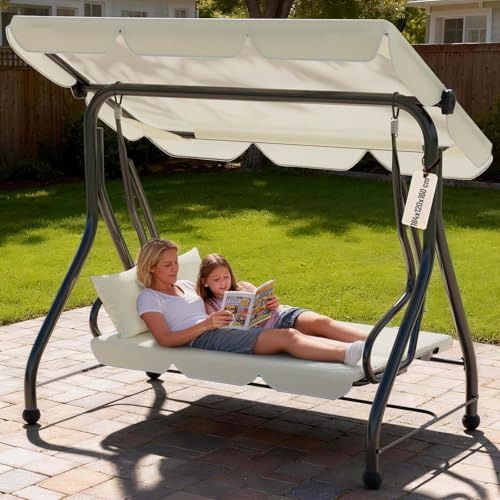 Soontrans Hollywoodschaukel mit Liegefunktion 3-Sitzer zum Entspannen für Terrasse Garten, 184 x 120 x 160 cm, 2-in-1 Gartenschaukel und Gartenliege mit Polsterauflage & Sonnendach & Sitzkissen (Beige