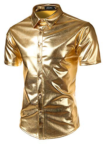 JOGAL Mens 70s Disco Shiny Metallic Short Sleeve Button Down Shirts | Gold, Silver, Nightclub, Theme Party, Suit for Costumes, Cosplay, Casual, DJ, Stage Performance, Halloween, Regular Fit