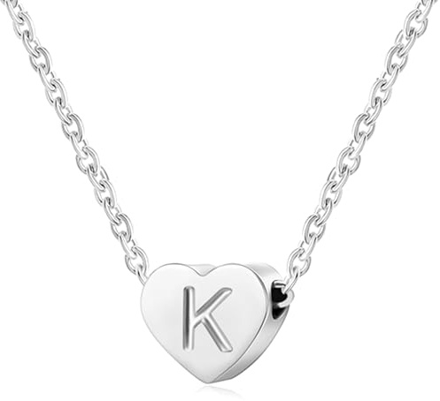 AFSTALR - Girocollo da donna in argento con piccolo ciondolo a forma di cuore, con iniziale, ideale per ragazze e Acciaio inossidabile, colore: S, cod. NK-heart-silver-K