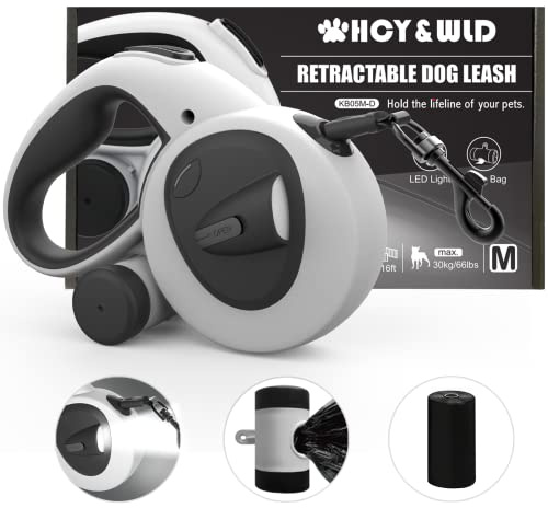 HCY&WLD Upgrade 4-in-1 Retractable Dog Leash with LED Light & Dispenser & Poop Bags, 16 ft Heavy Duty Dog Leash with Anti-Slip Handle for Dogs up to 66 lbs, 360° Tangle-Free, One Button Brake & Lock
