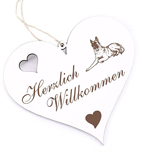 Herzlich Willkommen Schild - Malinois Belgischer Schäferhund - Deko Herz Holz Willkommensschild Türschild Dekoschild Türdeko