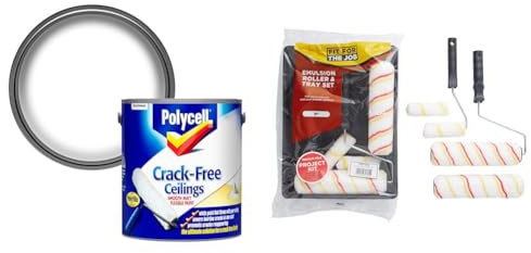 Polycell Crack-Free Ceilings Smooth Matt 2.5L & Fit For The Job FRRT003 7 piece Emulsion Paint Roller Set, 2x 9 inch & 2x Mini Paint Rollers