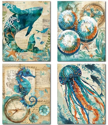 CREATCABIN 4 pz Stampa su Tela Oceano Balena Cavalluccio Marino Medusa Stampe su Tela Poster Immagine Vintage Decorazioni Da Parete Animali Marini Stampa su Tela Olio In Fibra Chimica per Casa 25x20cm