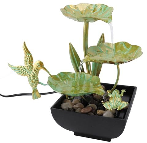 Tisch-Wasserbrunnen, Vogel-Lotus-Wasserfall-Brunnen mit LED-Lichtern und Leiser Pumpe, USB-fließendes Wasser, Landschaftsbrunnen für Wohnzimmer, Büro, Garten