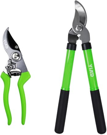 YIAD Garden Secateurs Set - Heavy Duty Bypass Pruning Shears & Lopper, Sharp Steel Blade with Non-Stick Coating, Ergonomic Grip for Roses Plants Shrubs, 2PCS Garden Tools Set (16 Lopper + 8 Shears)
