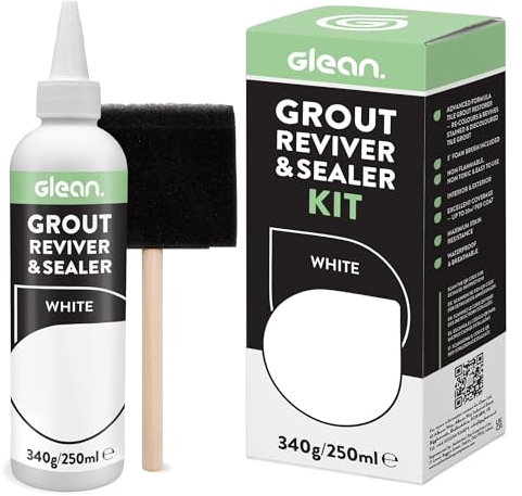 GLEAN Grout Reviver & Sealer | WHITE | 340g | Restore, Repair, Renew Tile Grout | Includes Foam Brush | Stain Resistant, Breathable Grout Cleaner | Bathroom, Shower & Kitchen Tile Grout