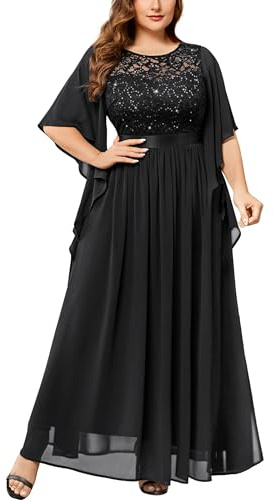 MISSMAY Women's Plus Size Elegant Butterfly Sleeve Chiffon Sequin Lace Bodice Evening Party Long Dress (3XL, Black)