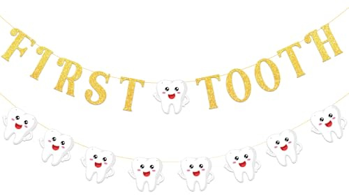 Bannière de premières dents pré-enfilée, guirlande de lettres dorées à paillettes, guirlande de dents de lait à suspendre pour première dent de bébé et décoration de fête prénatale pour garçons et