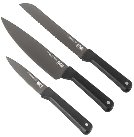 Kuhn Rikon Iced Essential Knife 3-Piece Set with Chef's, Bread and Paring Knife. Crafted from Ice Hardened German Stainless Steel. Corrosion Resistant.