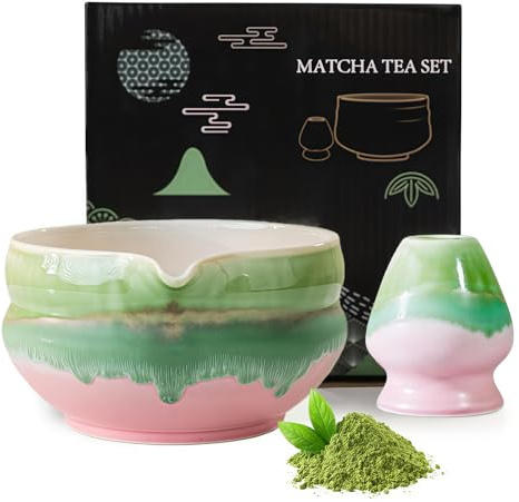 BUERPINKING Matcha-Schüssel Keramik mit Ausgießer, Matcha Schale Set 2-teilig handgefertigte japanische Matcha-Schale & Bowl, Teeschale für Teezeremonien Zubereitung mit Geschenkbox Farbverlauf