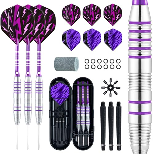XAWU 3-pack 24 g stålspetspilar med 6 flygningar, 3 aluminiumaxlar, pennvässare och dartfodral, perfekt för nybörjare och avancerade spelare, månskenslila