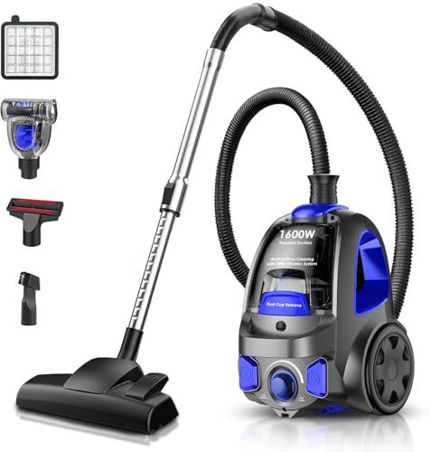 PKUYIE Canister Vacuum Cleaner, 40Kpa 1600W Cyclon Power Bagless Canister Vacuum Cleaners for Home, 3.7QT Large Dust Cup, Lightweight Vac for Hard Floors, Carpets, Pet Hair, Blue