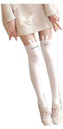 ToBe-U Kawaii tights, kattstrumpor, strumpbyxor, tecknad kanin, strumpor, kvinnor, flickor, söta djur, knästrumpor, knähöga lår, tatuering, mönstrade strumpbyxor, leggings, Kanin vit, en storlek