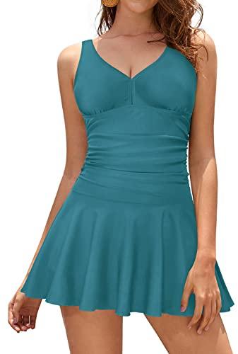 SHEKINI Donna Costume da Bagno con Gonna One Piece Dimagrante Costume Intero con Coppe Soffici Vintage Skirted Swimwear Costume Mare Bikini da Spiaggia (XXL, Verde Scuro)