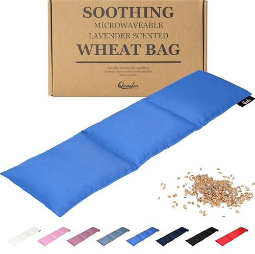 Qomfor Large Wheat Bag for Pain Relief - Microwavable Heat Pack with Lavender - Flexible Heat Pad for Back, Neck, Shoulder, Period Pain Relief - Soft & Soothing Heated Neck Warmer (Blue)