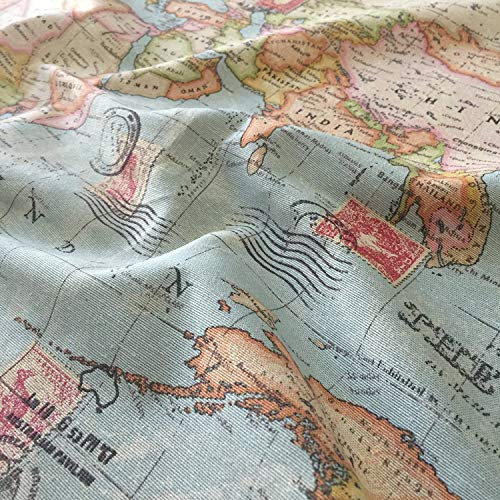 Thimbles Fabrics | Blauer atemberaubender Panama Designer Vintage Baumwoll-Leinen-Optik Stoff im Atlas-Design, bedruckt für Vorhänge, Jalousien und weiche Polsterung, Breite 140 cm, Meterware