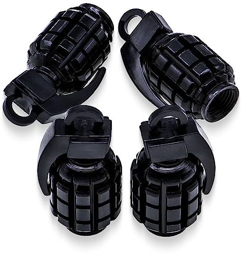 MEAJOO 4 PCS Chrome Grenade Tire Valve Stem Caps, Stainless Steel Tire Valve Caps Wheel Valve Caps for Cars,Trucks, SUV, Motorcycles, Bicycles (Blcak)