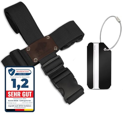 Koffergurt Set 2 Stück - Gepäckgurt Kofferband + Gratis Kofferanhänger - Schwarz