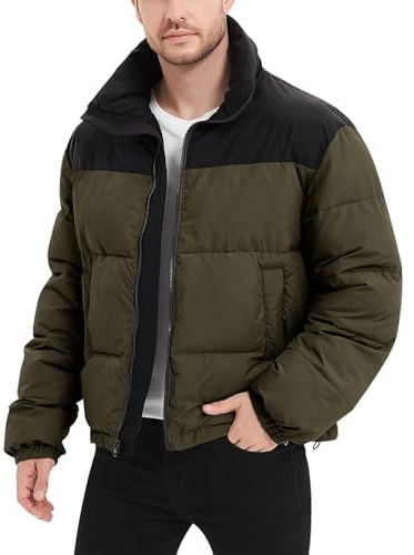 Flygo Men Puffer Jacket Winter Coats Water Resistant Long Sleeve Zip Up Lightweight Quilted Down Jackets(ArmyGreen-L)