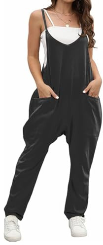 BRONG Salopette per Donne Estate Gonfio Gamba Larga Monopezzi e Tutine Sciolto Senza Maniche Casuale Regolabile Bavaglino Pantaloni le Signore Complessivamente Cotone Lungo Tutina Nero XXL