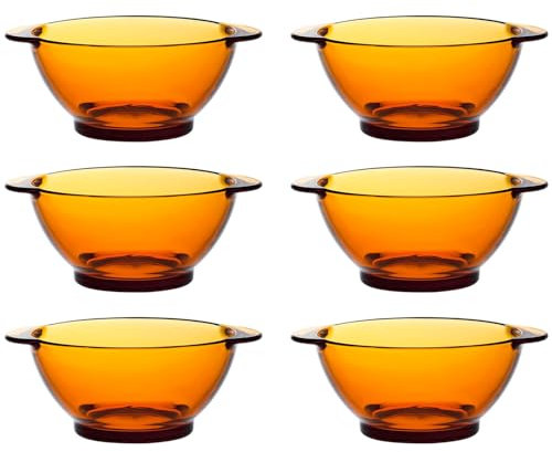 Acan Tradineur LYS Lot de 6 bols, bols en verre avec poignées, résistant aux chocs et aux chocs thermiques, passe au lave-vaisselle, ambre - 51 cl - 16,3 x 13,4 x 6,5 cm