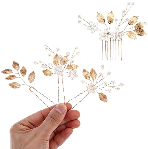 Dimeho 4 forcine per capelli da sposa, con foglia dorata, con perle di cristallo, accessorio per capelli da sposa, vintage, accessori per capelli per spose, damigelle d'onore e donne