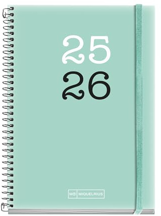 Miquelrius Schülerkalender 2025/2026, 12 Monate von September bis August, Größe 117 x 174 mm, Tagesansicht, Deckel aus blickdichtem Polypropylen, Gummizugverschluss, Spanisch-Englisch
