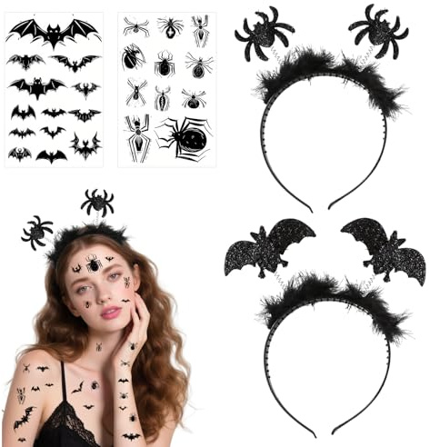 Jocanova Halloween Haarreif Set Damen, Spinne & Fledermaus Design mit 2 Aufklebern, Halloween Haarschmuck für Karneval, Kostüm Party, Abschlussball & Cosplay