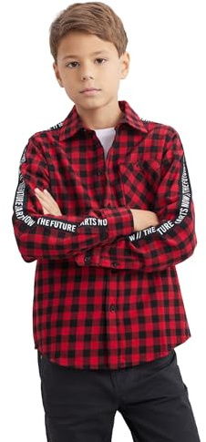 DELLMOOR /Shishoo Chemise en flanelle à carreaux pour garçons, bûcheron à manches longues pour garçons, chemises boutonnées pour enfants de 7 à 13 ans, rouge et noir