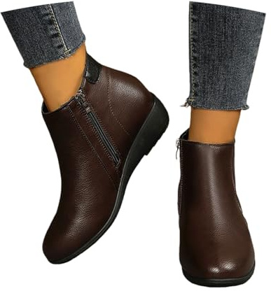 LDXEQIZ Botines De Talla Grande For Mujer Botas Cortas De Cuero De PU Botines De Plataforma con Cuña Botas De Otoño-Invierno con Cremallera Zapatos Vintage De Tobillo For Oficina, Fiesta(Brown,42 EU)