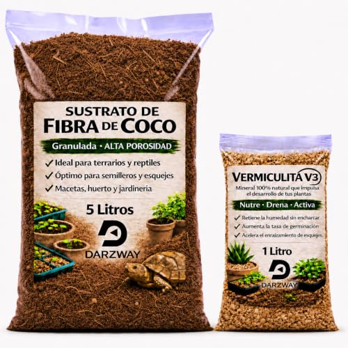 DARZWAY Fibra de Coco 5 L + Vermiculita 1 L – Sustrato para Plantas, Semilleros y Macetas – Huerto Urbano y Cultivo – Retiene Humedad y Mejora Aireación – Apto para Terrarios y Reptiles (5 litros)