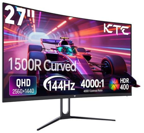 KTC 27 Inch Curved Gaming Monitor, 1440P QHD 144Hz PC Monitor, 1500R Computer Display Adaptive Sync, HDR400, 4000:1 Contrast, Eye Care, DP HDMI Port, VESA Wall Mountable, H27S5C