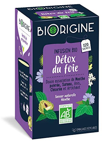 BiOrigine - Infusion bio Détox du foie - Menthe poivrée, sureau, anis, chicorée & artichaut - Ingrédients d'origine naturelle - 20 sachets