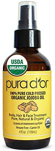 PURA D’OR Organic Jojoba Oil (118 mL) USDA Certified - 100% Pure & Natural Moisturizer - Cold Pressed, Unrefined, Hexane Free Base Carrier Oil for DIY Skin Care, Hair, Face & Nails