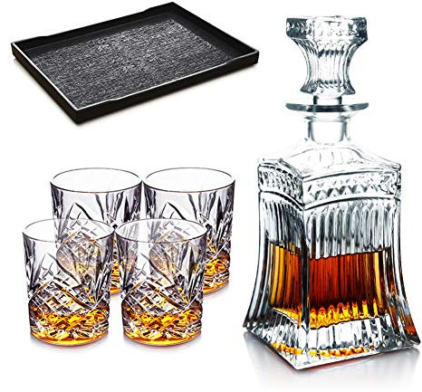 Sans Plomb Coffret Cadeau Carafe À Whisky Avec 4 Verres À Whisky Et Plateau Ensemble De Carafe À Liqueur En Cristal Pour Scotch Whisky En Coffret Cadeau,B