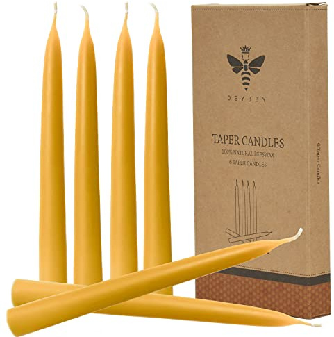 10'' Natural Beeswax Taper Candles Set of 6, DEYBBY Smokeless and Dripless Beeswax Candle, Long Lasting Burning, Non Toxic