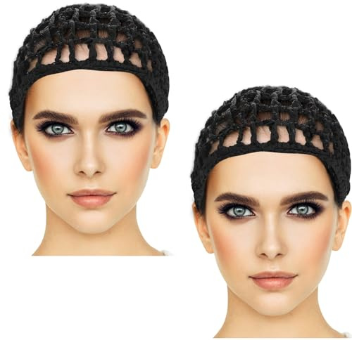 Etercycle 2 Pieces Mesh Crochet Hair Net Snoods, Soft Rayon Knit Crochet Hairnet Hair Cover Accessory Crocheted Sleep Cap for Women (Black)
