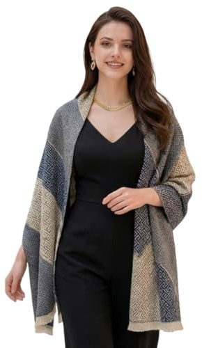 LA FERANI Damen Kaschmir Schal extra geschmeidig sanft dünn 185x65cm Kaschmirschal blau beige klassisch Vintage Damenschal Winter Frühling (Model 2)