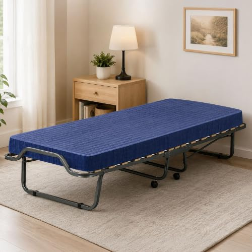 Talamo Italia Letto Pieghevole Piera, Brandina salvaspazio con Rete a 15 doghe, Custodia Protettiva, 100% Made in Italy, 80x200h40 cm, Materasso Incluso, Blu, 200 cm (Memory)