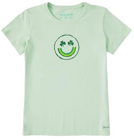 Life is Good Damen-T-Shirt, kurzärmelig, Crusher, Rundhalsausschnitt, Tintenpinsel, Kleeblatt, Smiley-Gesicht, Salbeigrün, X-Groß