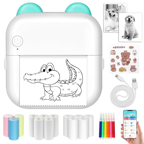 Mini Stampante Portatile, Stampante Portatile con 13 rotoli di Carta da Stampa, Penne per Acquerello, Stampante Fotografica Portatile Compatibile con Iphone iOS Android, Appunti di Studio, Foto